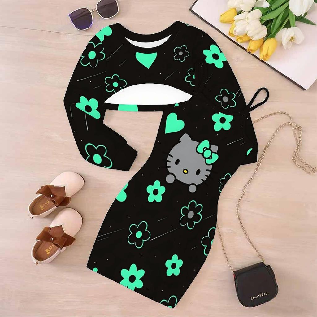 Girls Cartoon 2 Piece Outfits, Long Sleeve Crop Top + Spaghetti Strap Bodycon Dress, Simple Playful Print Party Dress Set