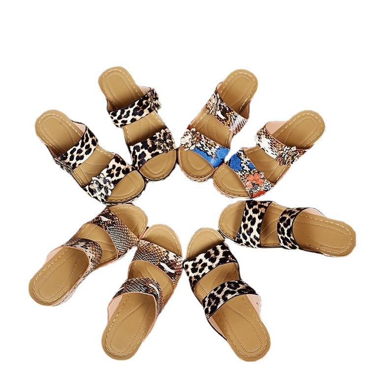 Foreign Trade Large Size Women's Shoes Retro Beach Wedge Sandals Summer Sandals Leopard Print Platform Fish Mouth Slippers Spot