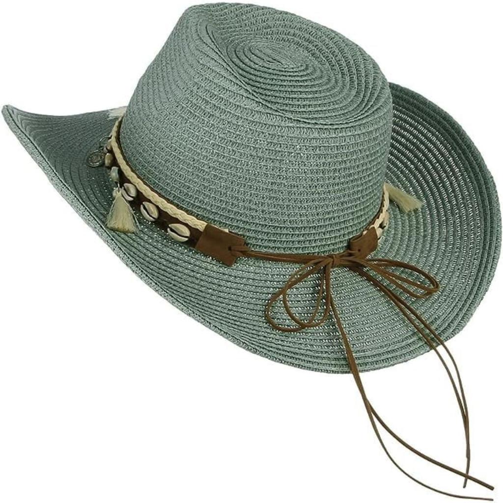 Stylish Pink Straw Cowboy Hat with Decorative Band, Shell Accents, and Tassels Perfect for Sun Protection and Fashion