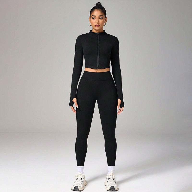 Women s Outdoor Running Yoga Tight-Fit Suit Set: Zipper Long Sleeve Jacket Pants Small