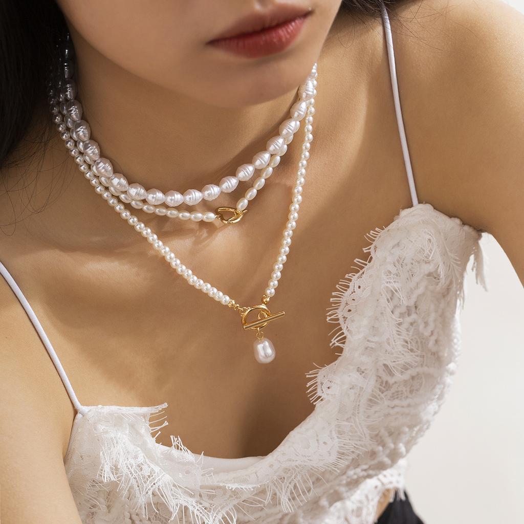 Stacked beaded heart-shaped full diamond French necklace temperament multi-layer rice-shaped imitation pearl necklace women's European 