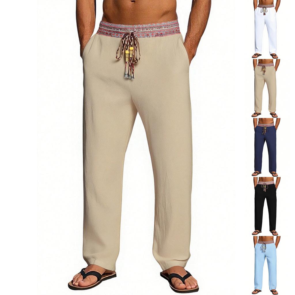 Men's Long Pants, Elastic Waist Drawstring, Lightweight, Slim Fit, With Pockets, Comfortable And Breathable Linen Long Pants