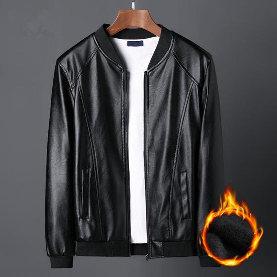 Men Coat Solid Color Stand Collar Windproof Faux Leather Thicken Plush Lining Zipper Jacket Streetwear