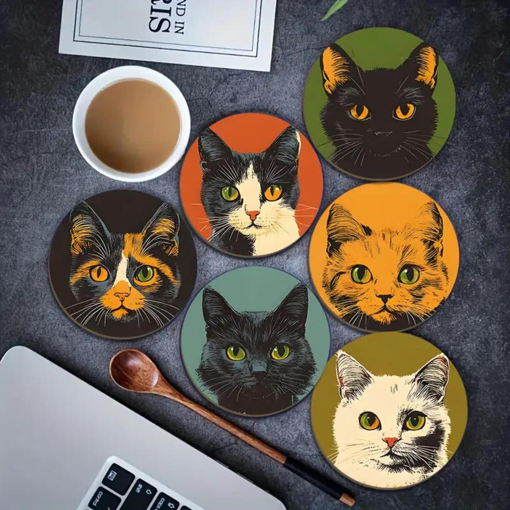 [Suyasuwa] Set of 6 Wooden Coasters with Cat Patterns, Round, Stylish, Large Capacity, Large Wooden Coasters
