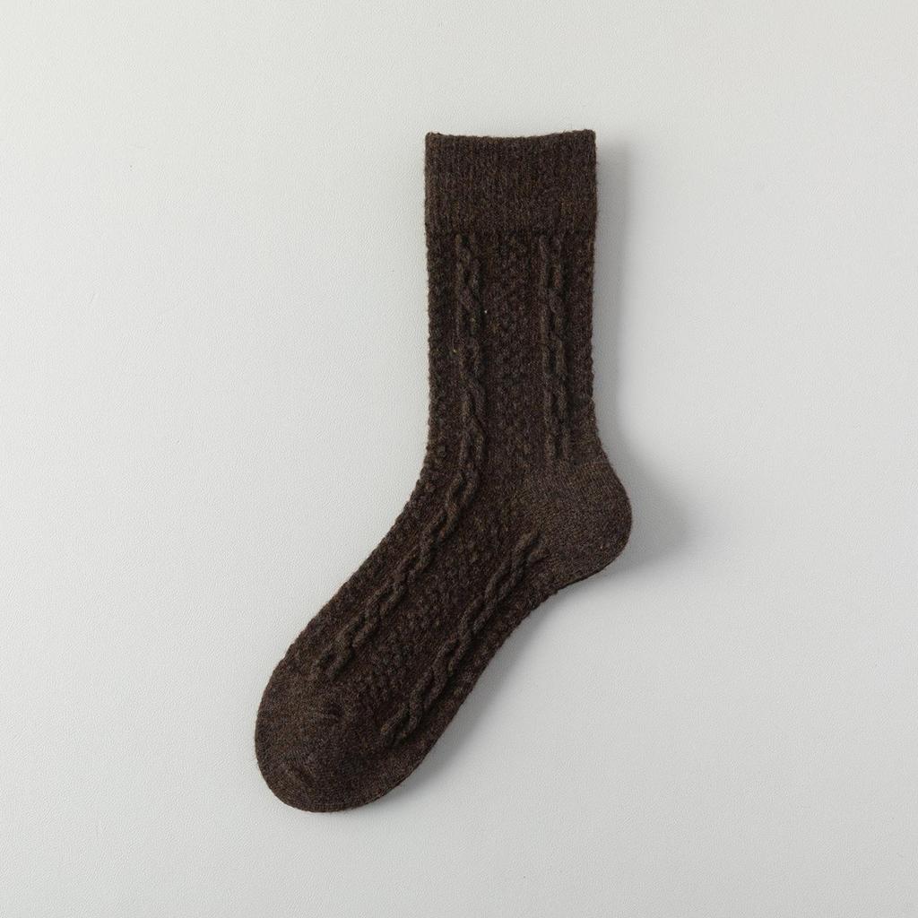 Women's Milk White Wool Socks: Autumn/Winter Cable Knit, Thickened for Warmth, Grey Tones, Mid-Calf Slouch Socks
