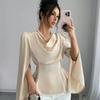 Shirt French High-end Temperament Socialite Satin Swing Collar Long-sleeved Shirt Summer New Strap Waist Short Top