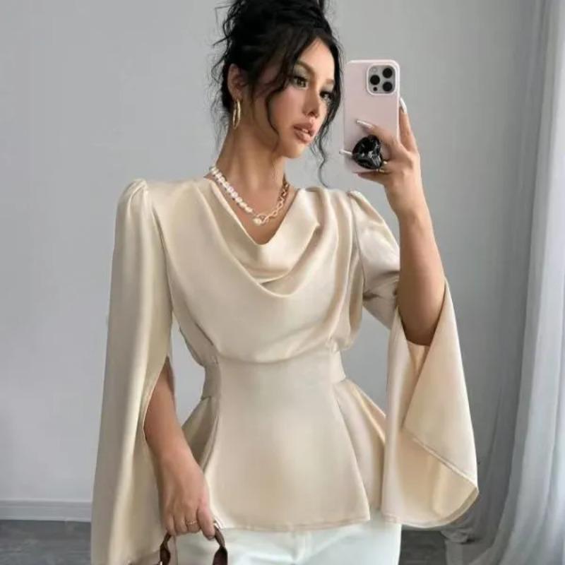 Shirt French High-end Temperament Socialite Satin Swing Collar Long-sleeved Shirt Summer New Strap Waist Short Top