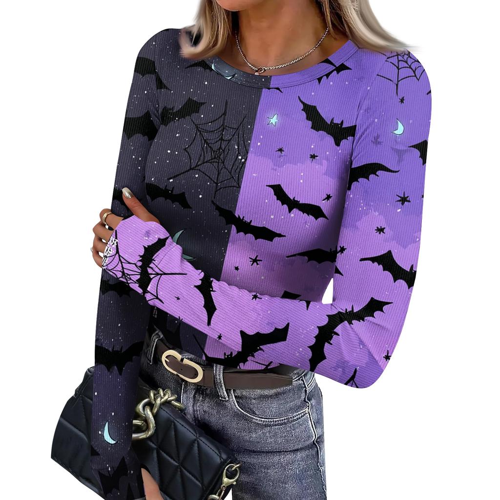 Women's Slim Fit Long Sleeve Halloween Printed T-Shirt with Thumb Holes Neck Pullover Base Layer