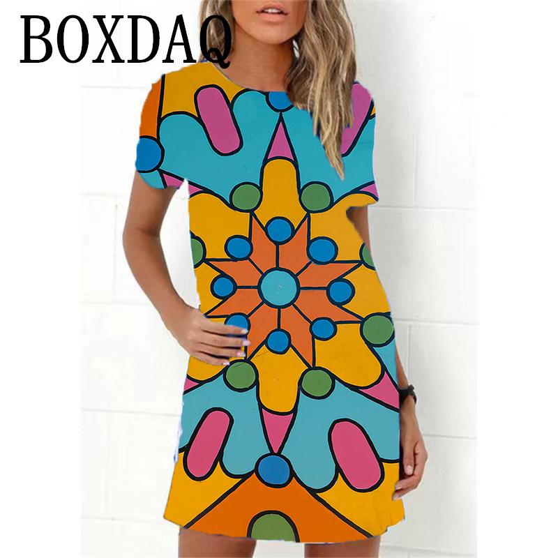 2023 Neues Sommer Damenkleid Retro Hippie 60er Vintage Flower Power Lockeres A-Linien-Kleid Lässig Übergroß Damen 3D-Druck Minikleid