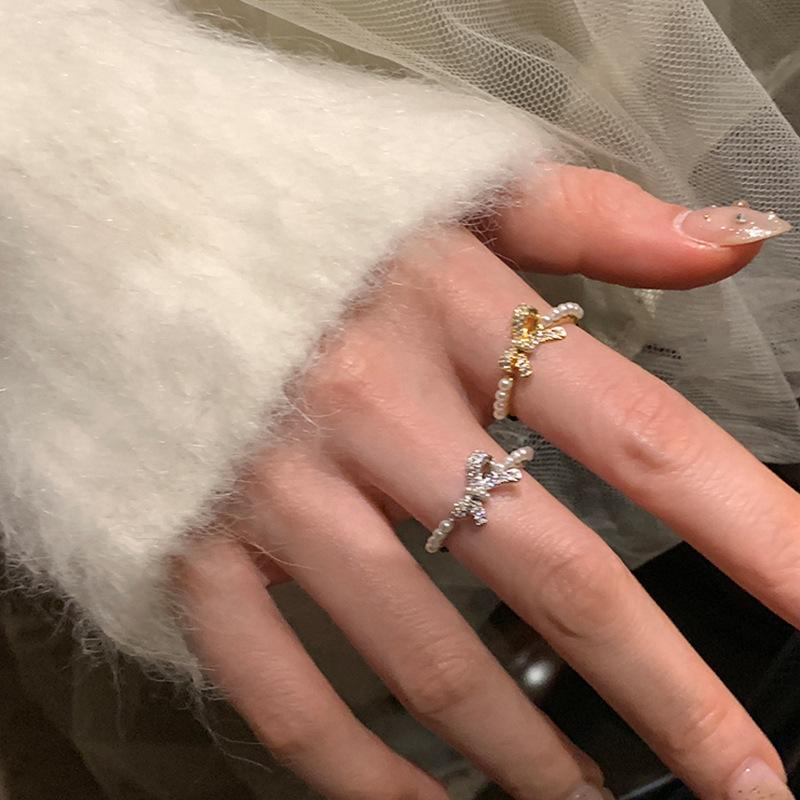 Exquisite French Zirconia Bow Pearl Open Ring - Stylish, High-End Design