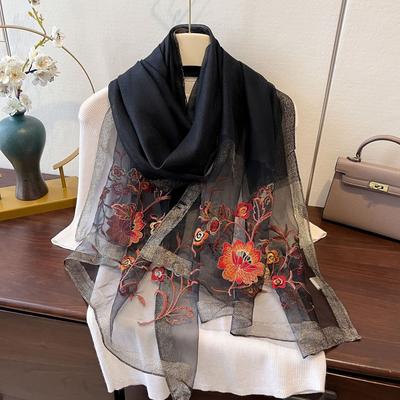 Imitation Silk Embroidered Long Silk Scarf for Women's Fashionable and Fashionable Mulberry Silk Sunscreen Scarf