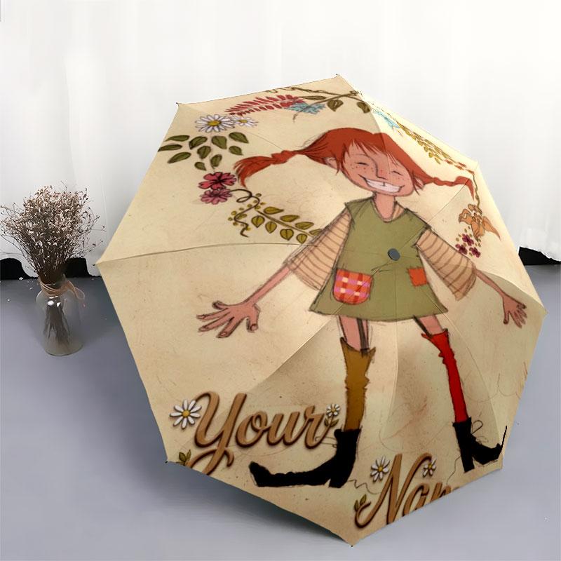 1 PC Automatic Folding Umbrella - Pippi Longstocking Custom Name Pattern, Portable & Foldable Design with 8 Ribs, Christmas Birthday Gifts