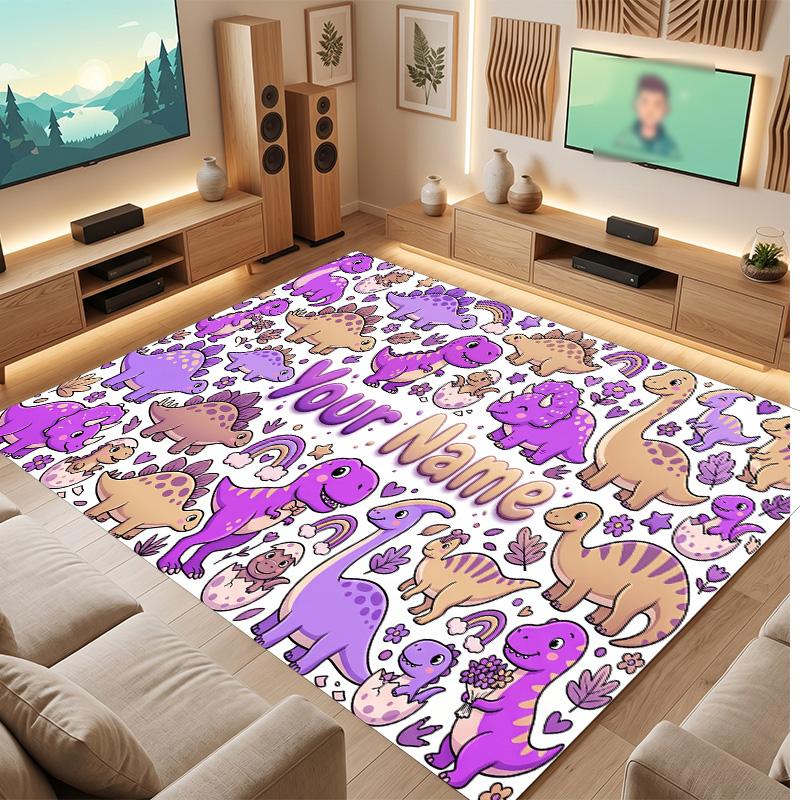 Dinosaur Theme Soft Crystal Velvet Rug Custom Name & Text Print Non Slip Floor Rug for Bedroom Living Room