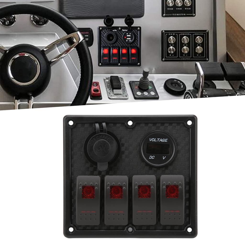 4 Gang Rocker Panel 5Pin with Voltmeter 4.8A Dual USB Fast Charging Slot for Car RV Yacht