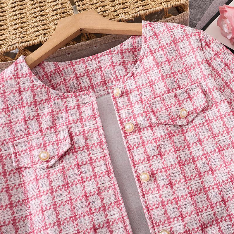 Modieuze Geruite Set voor Meisjes voor de Herfst: Kinderen Cardigan Jas met Lange Mouwen + Tanktop + Rok Set