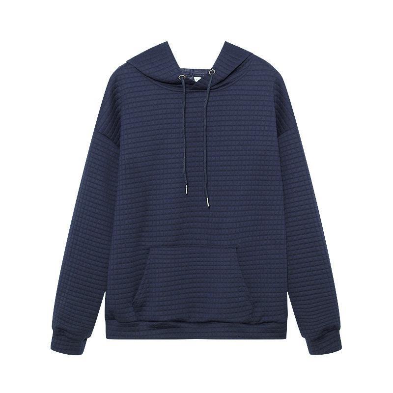 Waffle Grid Kangaroo Pocket Hoodie, Casual Long Sleeve Drawstring Hoodies Sweatshirt, Women's Clothing