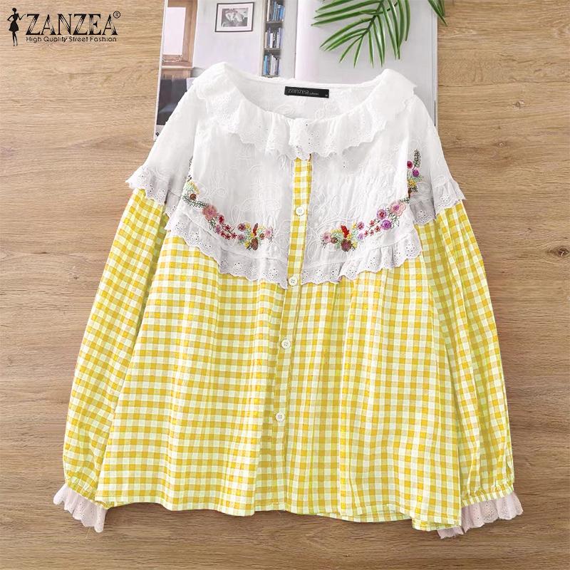 ZANZEA Women Lace Patchwork Casual Long Sleeve Grid Print Blouse