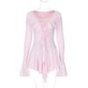Mode Sexy Ausgestelltes Langärmeliges Tief V-Ausschnitt Kurzes Kleid Lässig Elegant Bodycon Gerüscht Geschnürt Süße Partykleider Streetwear Club Damenbekleidung