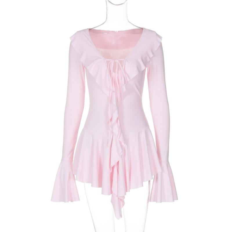Mode Sexy Ausgestelltes Langärmeliges Tief V-Ausschnitt Kurzes Kleid Lässig Elegant Bodycon Gerüscht Geschnürt Süße Partykleider Streetwear Club Damenbekleidung