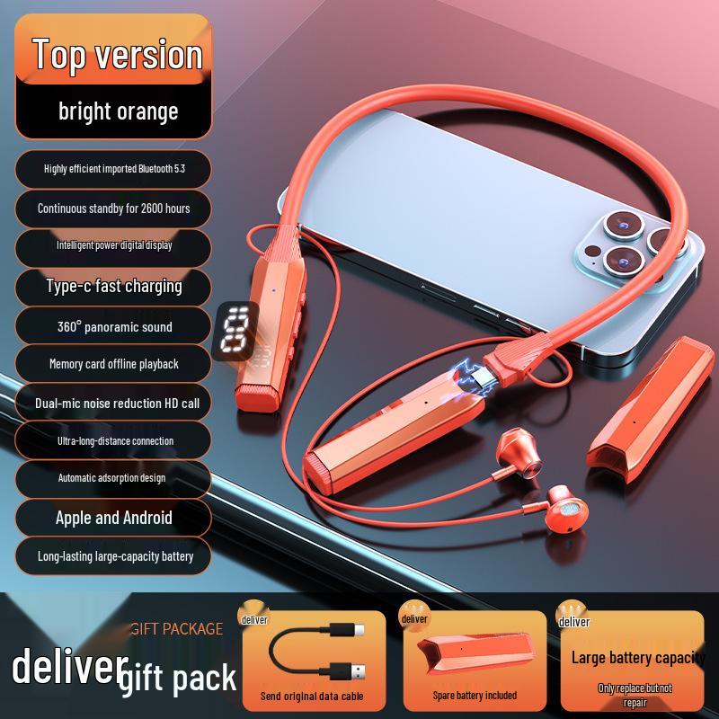 Bluetooth Neckband Headphones with Card Slot, Digital Display, Removable Battery, Universal Compatibility