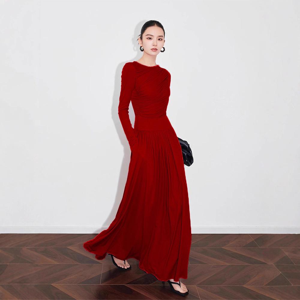 Damen Geraffte Taille Plissiertes Maxikleid Langarm Rundhalsausschnitt Elegantes Kleid