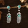 Antique Silver Ethnic Style Earrings With Turquoise Inlaid Leaf Wing Decoration Personalized Accessories Gift Party