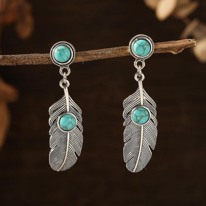 Antique Silver Ethnic Style Earrings With Turquoise Inlaid Leaf Wing Decoration Personalized Accessories Gift Party