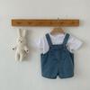 Stylish Baby Denim Suspender Short Set For Boys And Girls With Trendy White Short Sleeve T-shirt