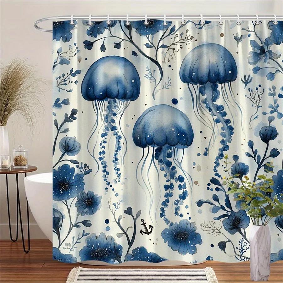 1pc Blue Jellyfish Shower Curtain - Digital Watercolor Translucent Design with Bell-Shaped Bodies, Trailing Tentacles & Aquatic
