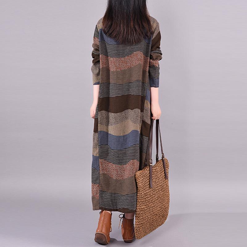 2025 Spring Women's Mid-Length Patchwork Striped Cotton Linen Dress with Round Neck and Long Sleeves