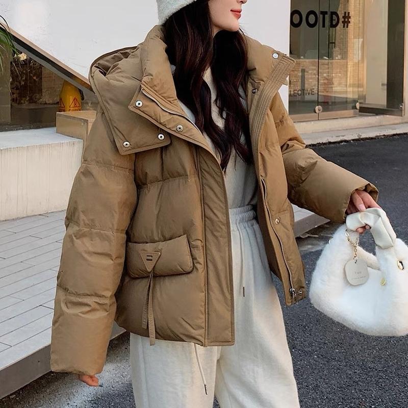 

Пуховик с капюшоном женский зимний короткий 2024 новый модный белый утиный пух большого размера M кофейный