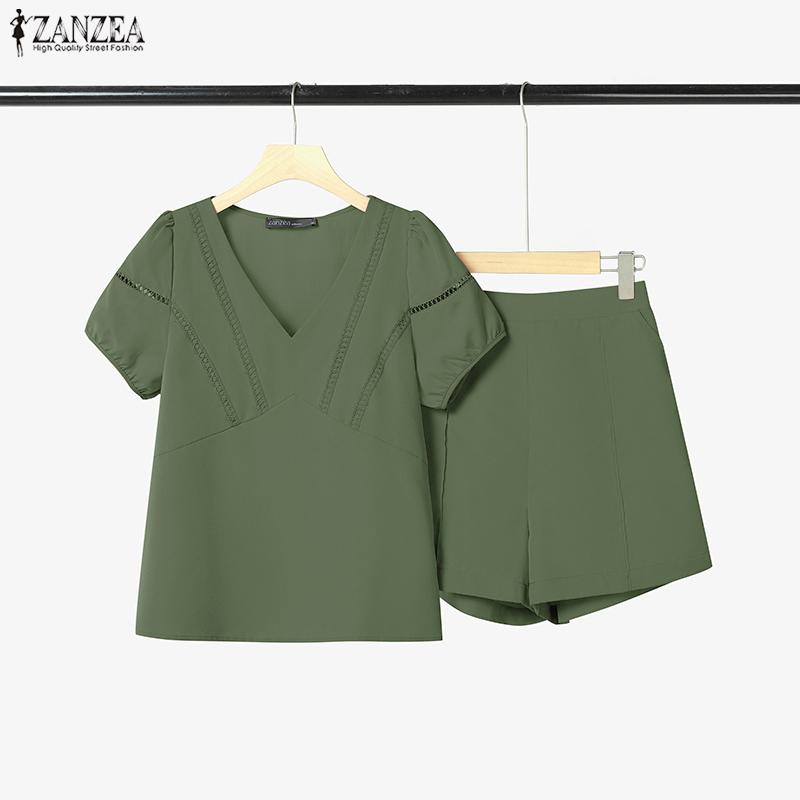 ZANZEA Damen Kurzarmbluse und Shorts Sommer Zweiteiliges Anzug-Set