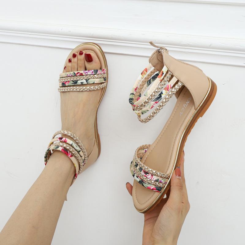 Flat Roman shoes, new women's fashion casual sandals vacation travel flower cloth beach -