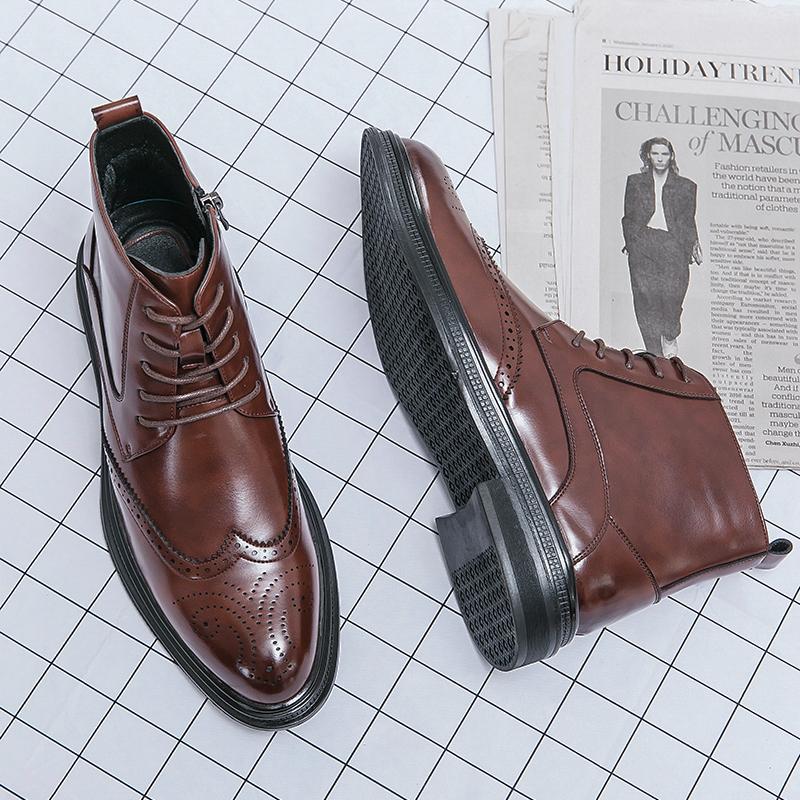 British Style Men'S Leather High Top Shoes Lace Up Winter Business Casual Shoes Street Fashion Men'S Motorcycle Boots