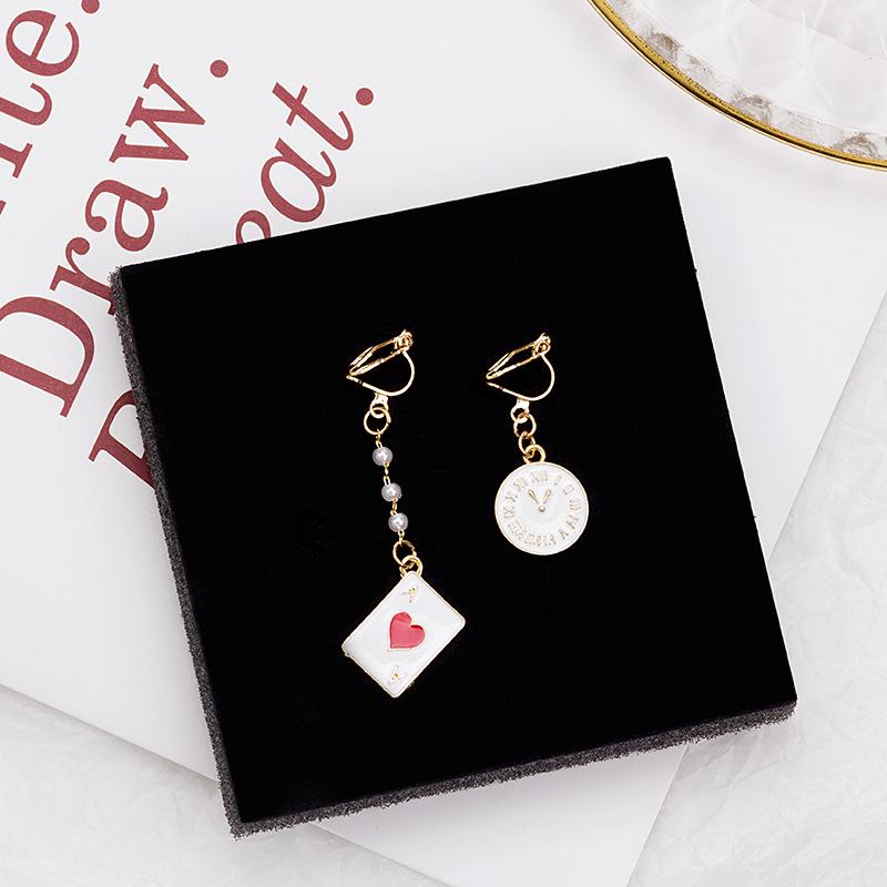 Korean Asymmetrical Playing Card Clock Earrings with Pearl Studs