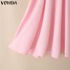 VONDA Summer Women Lapel Neck Short Sleeve Stitching Casual Pleated Dress