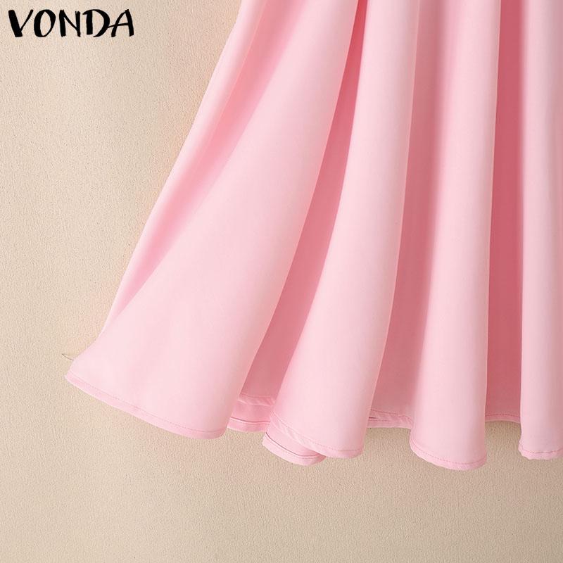 VONDA Summer Women Lapel Neck Short Sleeve Stitching Casual Pleated Dress