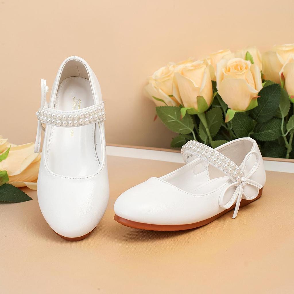 Weiße Leder Ballerinas für Mädchen: Frühlings- und Herbst-Blumenmädchenschuhe mit Perlen