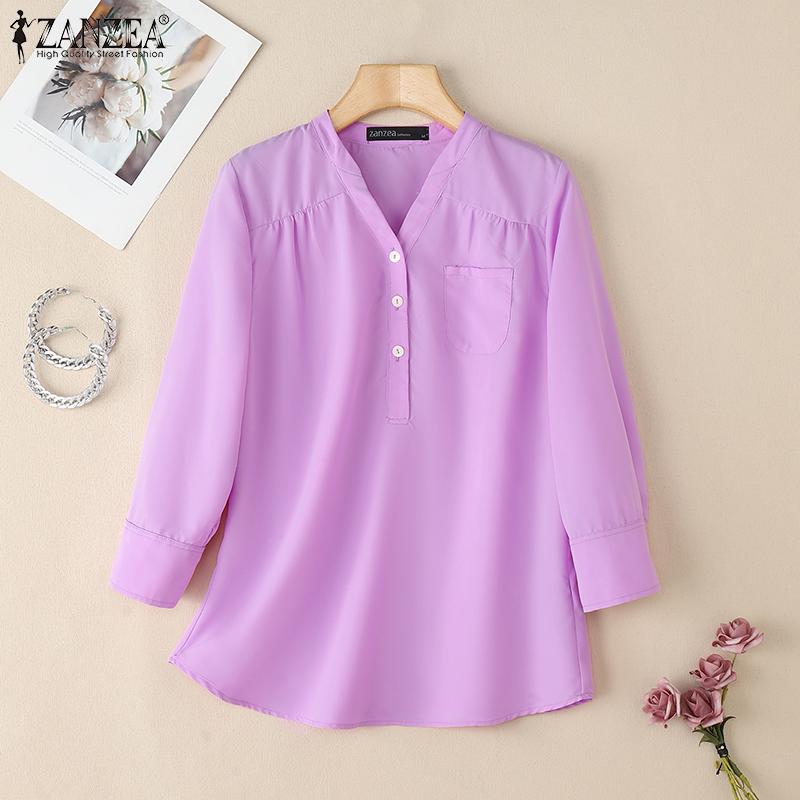 ZANZEA Women Casual V-Neck Solid Color Loose 3/4 Sleeve Blouse