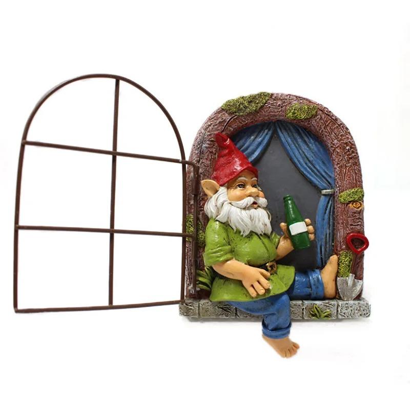 Drinking Dwarf Window Pendant Resin Courtyard Garden Decor Creative Outdoor Ornament Fairy Tale Sculpture for Home Decoration
