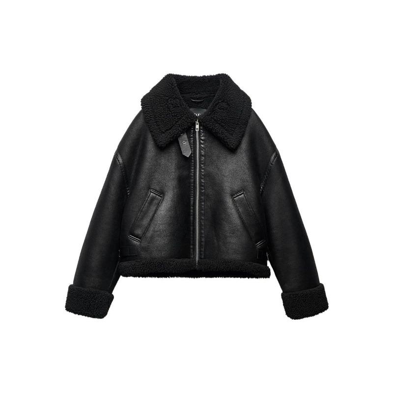 ZARA Women's Black Reversible Faux Leather Biker Aviator Jacket 03548245800-33