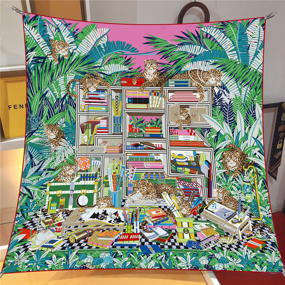 New 90CM Brand Luxury Twill Silk Scarf for Women Leopard Jungle Library Wrap Headband Shawl Stole Hijab Lady Square Scarves