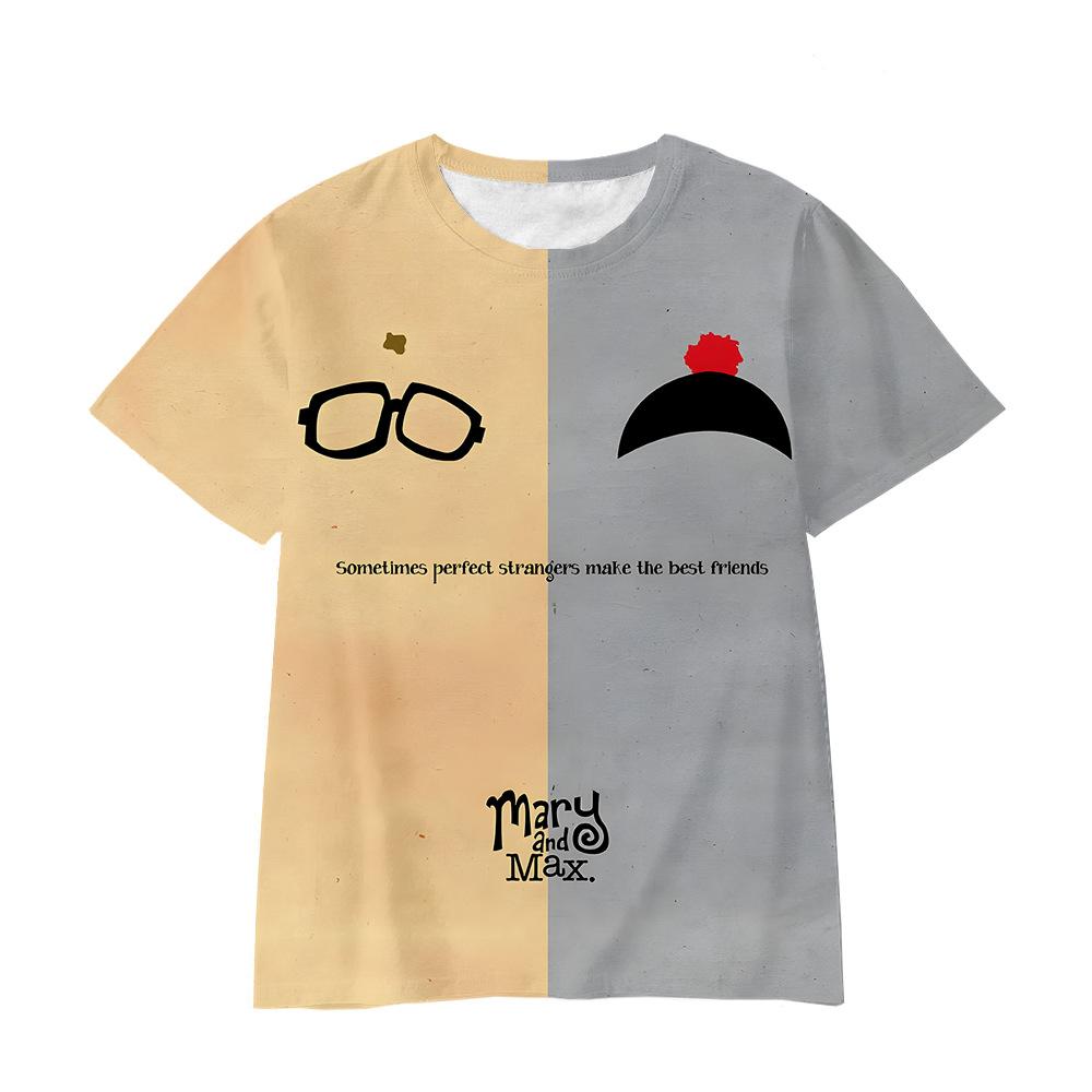 Top s 3D potiskem Mary a Maxe s kulatým výstřihem, ležérní chlapecké tričko s krátkým rukávem - Měkká středně pružná polyesterová tkanina, letní oblečení s volným střihem