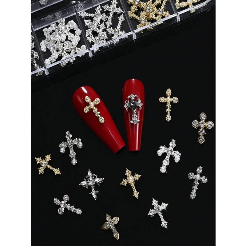 12Grids/Box Y2K Cross Mixed Style 3D Nail Art Rhinestone,Punk Gothic Alloy Cross Nail Decoration,Mixed 3D Nail Art Decoration For Manicure Supplies