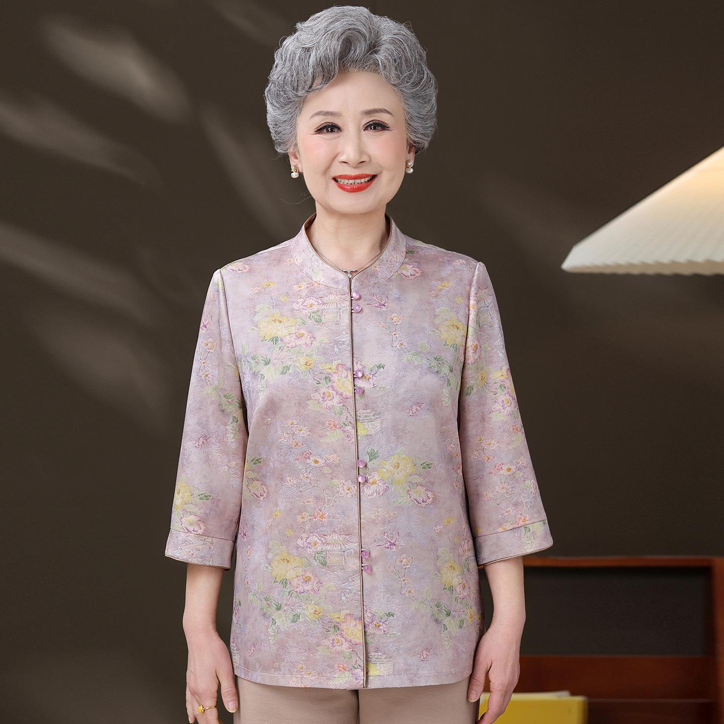Elegant Spring/Summer Chinese-Style Printed Shirt for Elderly Women 3XL (125-135 lbs)