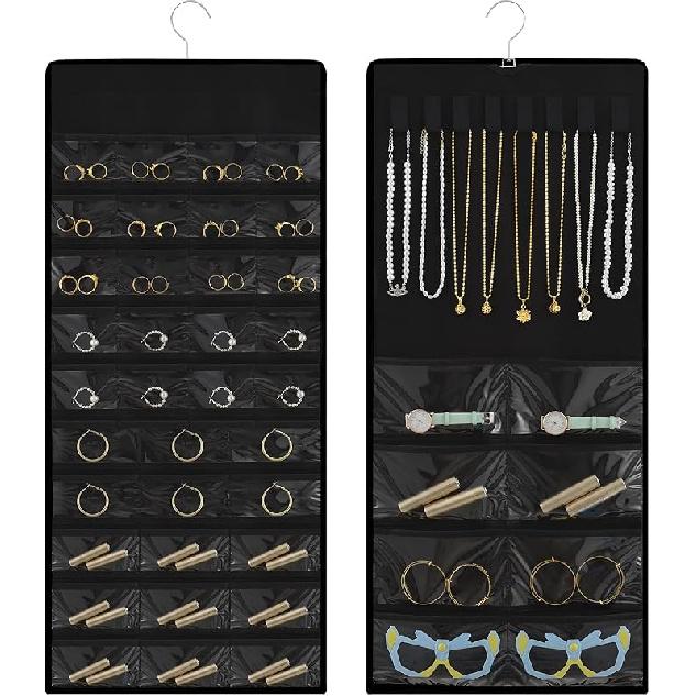 Hanging Jewelry Organizer with Multi-size pockets Double-Sided Jewelry Holder for Earrings, Necklaces, Rings on Closet, Wall, Door,Jewelry Organizer