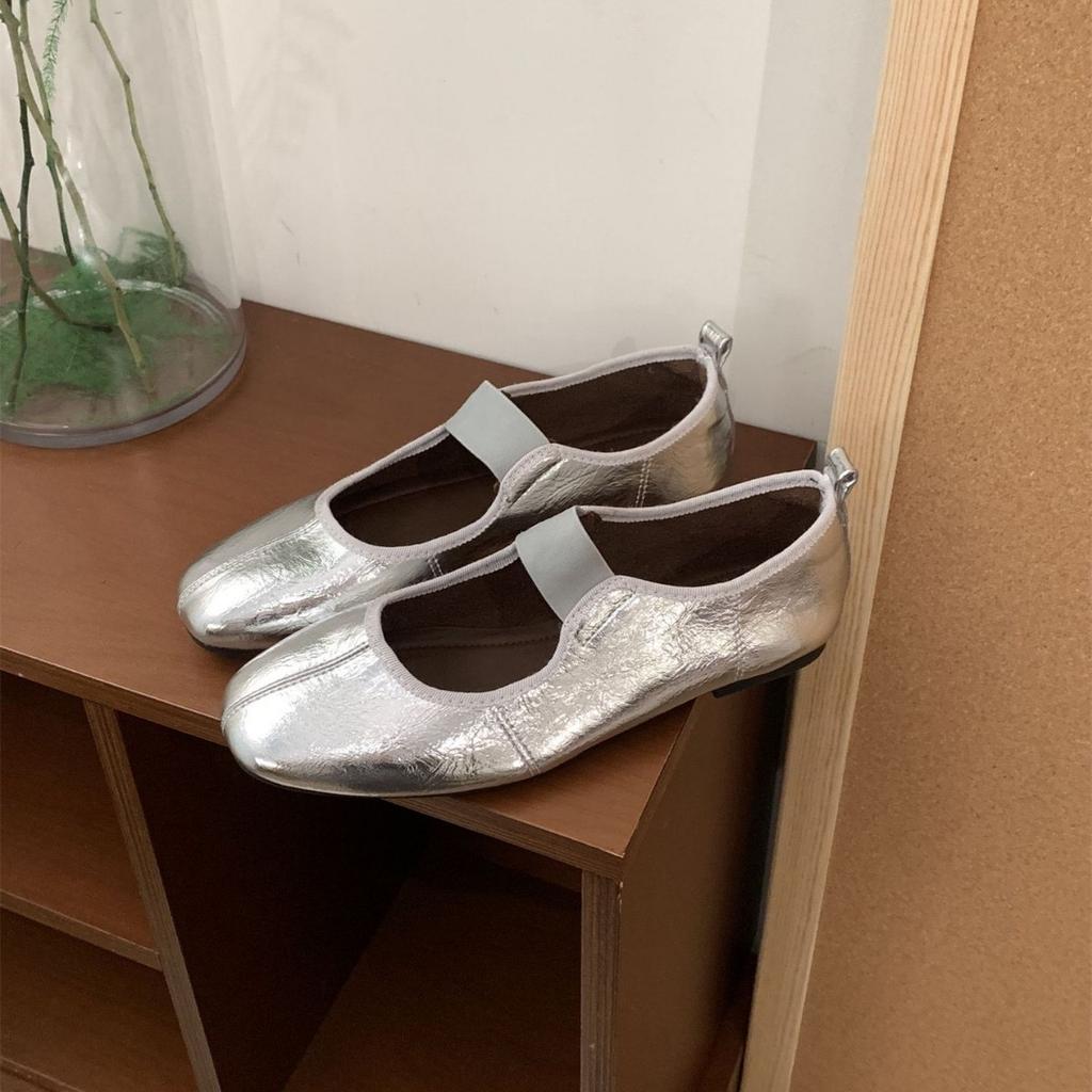 Suding's new one-word belt silver Mary Jane shoes women's soft flat ballet shoes light mouth retro casual shoes