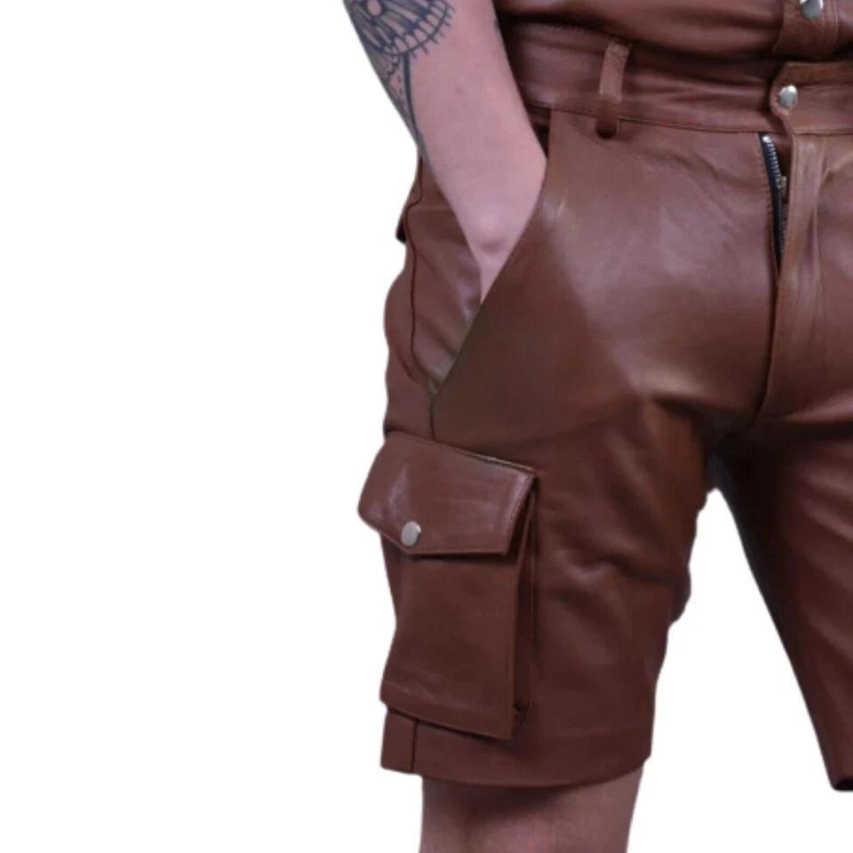 Cargo Stylish Shorts Pant Men's Brown Leather Shorts Handmade Soft Sheepskin