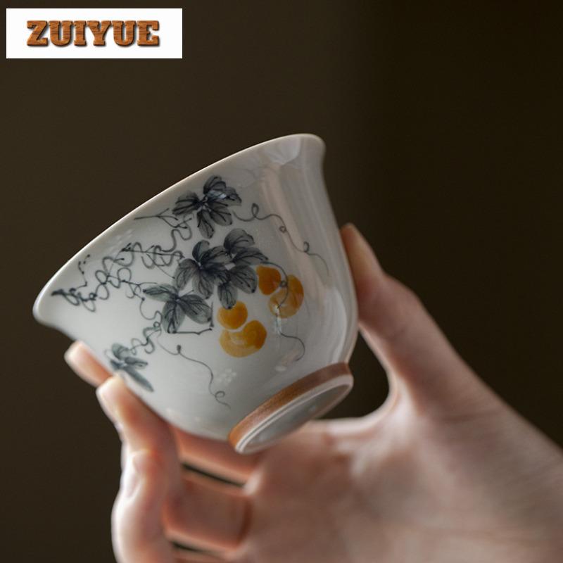 135ml Antique Green Hand-painted Gourd Gaiwan Ancient Tea Tureen Tea Bowl With Lid Kit Tea Brewing Cover Bowl Teaware Ornaments
