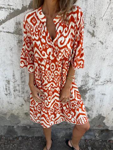 European And American Style Women'S Clothing, Spring And Summer New Four-Sided Elastic Casual V-Neck Printed Pleated Women'S Dress